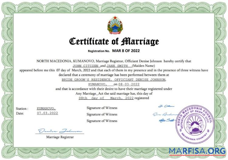 Downloadable North Macedonia marriage certificate Word and PDF template